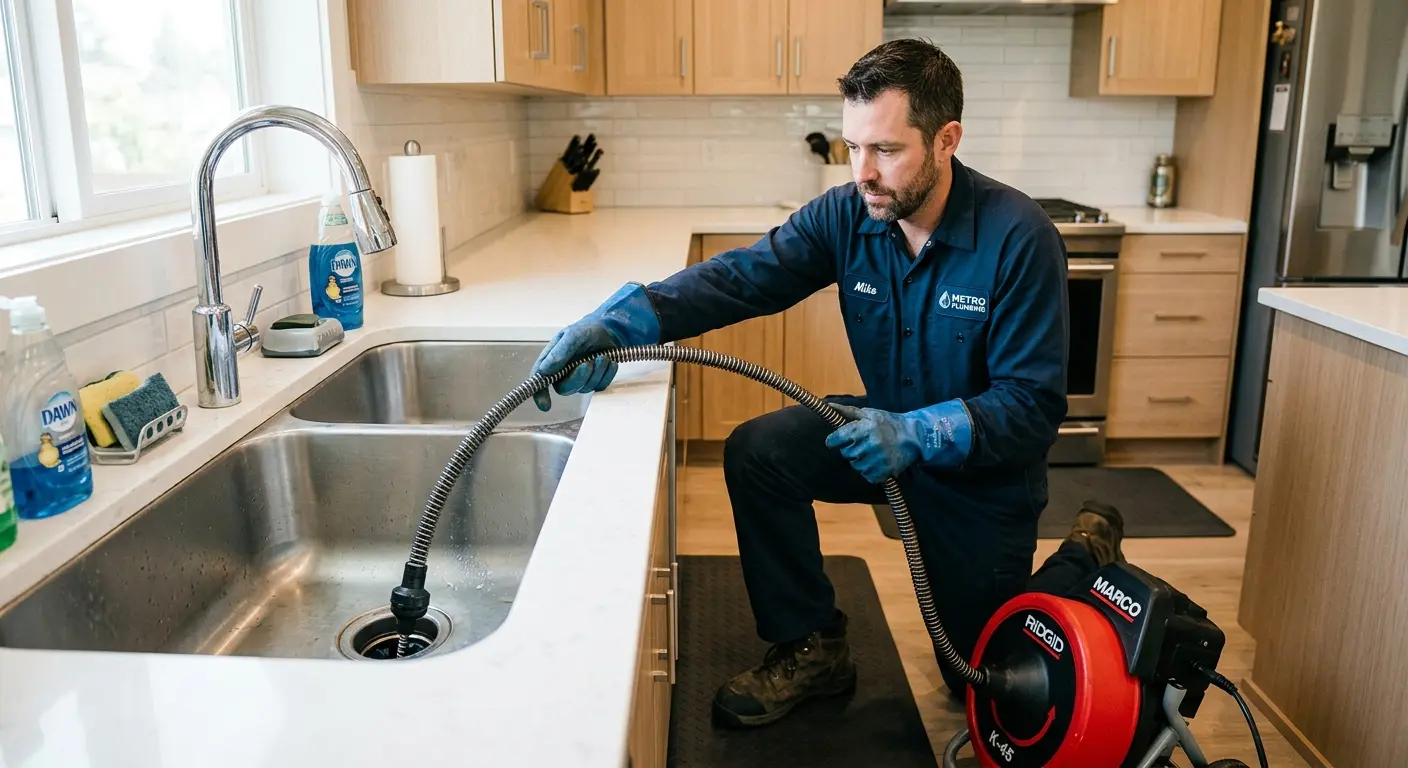 Drain cleaning technician using a motorized snake on a kitchen sink in Lakeland North