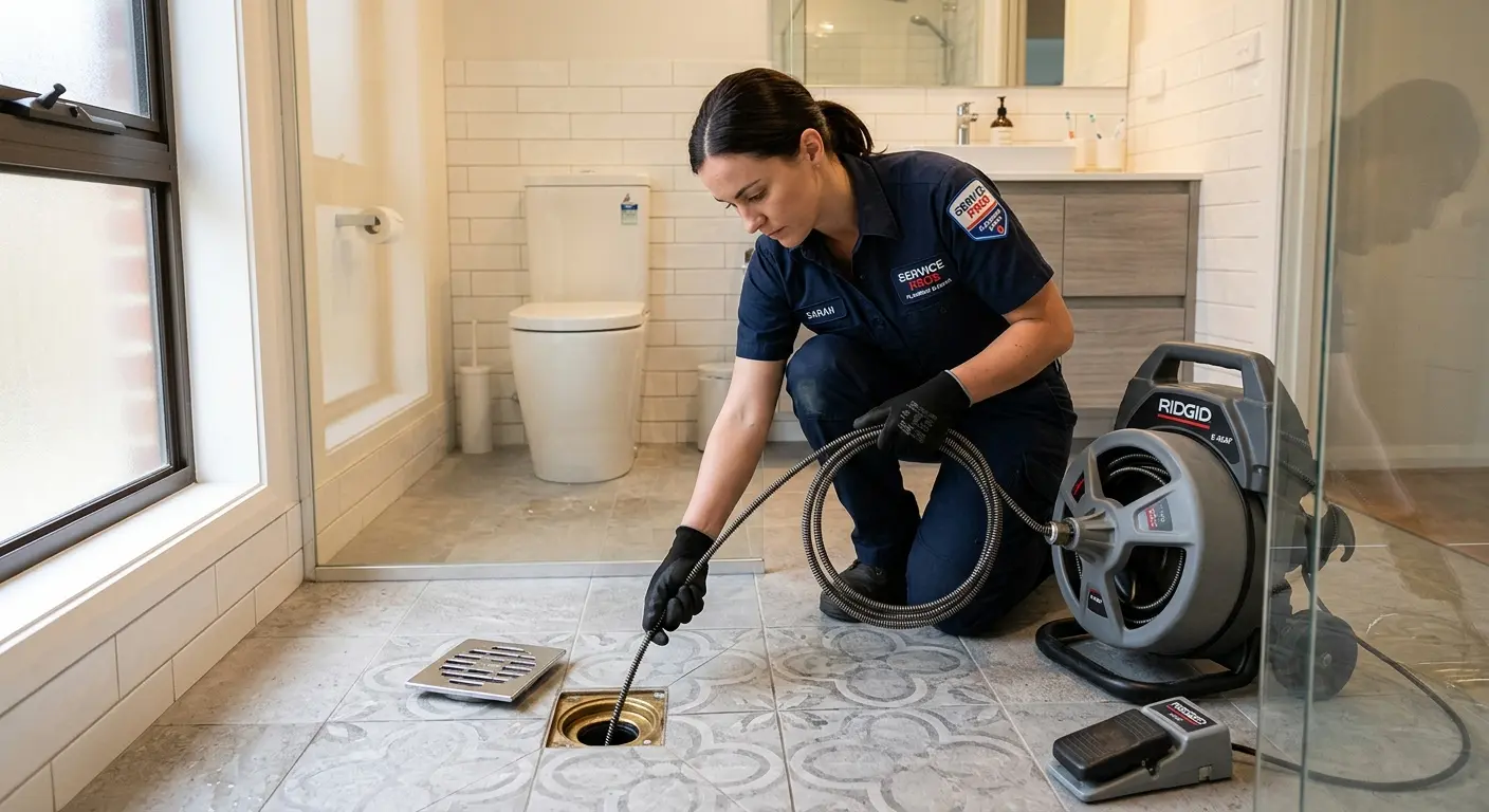 Technician clearing a bathroom floor drain for Clogged Drain Repair in Lakeland North